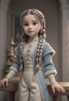 1girl,solo,long hair,looking at viewer,smile,blue eyes,blonde hair,brown hair,long sleeves,dress,jewelry,closed mouth,standing,braid,cowboy shot,earrings,pants,artist name,indoors,necklace,blurry,twin braids,lips,fur trim,depth of field,blurry background,blue dress,cross,hair over shoulder,forehead,freckles,white pants,railing,painting (object),church,multiple braids,breasts,parody,realistic,nose,red lips,fur-trimmed sleeves,pillar