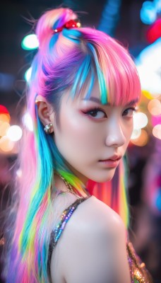 1girl,solo,long hair,looking at viewer,bangs,hair ornament,bare shoulders,brown eyes,jewelry,closed mouth,blue hair,upper body,ponytail,pink hair,multicolored hair,earrings,looking back,blunt bangs,necklace,blurry,two-tone hair,lips,eyelashes,aqua hair,makeup,depth of field,blurry background,piercing,ear piercing,eyeshadow,realistic,nose,rainbow hair,sleeveless,artist name,hair bun,black eyes,from side,streaked hair,looking to the side,watermark,lipstick,portrait,web address,eyeliner,bokeh,mascara