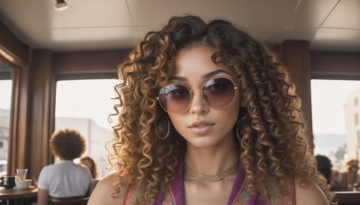 1girl,long hair,looking at viewer,smile,multiple girls,brown hair,shirt,1boy,bare shoulders,brown eyes,jewelry,upper body,earrings,multiple boys,glasses,sleeveless,solo focus,choker,day,indoors,dark skin,necklace,blurry,dark-skinned female,cup,lips,window,makeup,blurry background,wavy hair,table,sunglasses,curly hair,hoop earrings,realistic,nose,tinted eyewear,very dark skin,restaurant,dreadlocks,afro,cafe,aviator sunglasses,solo,parted lips,thick eyebrows,portrait,forehead,looking over eyewear,yellow-framed eyewear