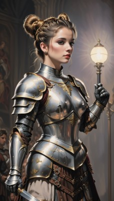 1girl,solo,breasts,blonde hair,brown hair,holding,brown eyes,jewelry,standing,weapon,braid,cowboy shot,earrings,parted lips,solo focus,belt,sword,hand up,hair bun,holding weapon,armor,lips,double bun,makeup,single hair bun,knife,lipstick,shoulder armor,gauntlets,pauldrons,breastplate,realistic,fantasy,armored dress,red lips,holding knife,stud earrings,dagger,multiple others,faulds,knight,full armor,gorget,chainmail,plate armor,boobplate,looking at viewer,holding sword,nose