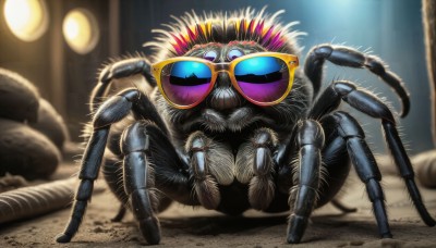 HQ,solo,looking at viewer,blue eyes,full body,blurry,pokemon (creature),no humans,depth of field,blurry background,sunglasses,bug,realistic,antennae,tinted eyewear,straight-on,standing,teeth,artist name,indoors,signature,animal focus,extra arms,extra eyes,arthropod girl