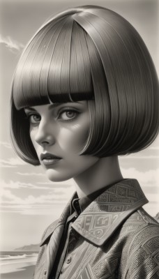 1girl,solo,looking at viewer,short hair,bangs,shirt,jacket,monochrome,upper body,greyscale,outdoors,parted lips,sky,collared shirt,cloud,signature,blunt bangs,lips,eyelashes,bob cut,cloudy sky,portrait,realistic,nose,artist name,from side,watermark,web address