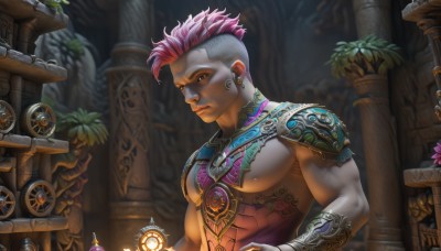 solo,short hair,1boy,brown eyes,jewelry,closed mouth,nipples,upper body,pink hair,flower,male focus,red hair,multicolored hair,earrings,artist name,dark skin,armor,blurry,two-tone hair,tree,tattoo,muscular,blurry background,scar,piercing,abs,dark-skinned male,pectorals,plant,muscular male,spiked hair,shoulder armor,bracer,very short hair,undercut,pillar,biceps,vase,statue,mohawk,1girl,looking at viewer,orange eyes,ear piercing,realistic