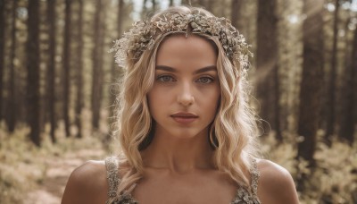 1girl,solo,long hair,looking at viewer,blue eyes,blonde hair,hair ornament,dress,bare shoulders,collarbone,upper body,flower,outdoors,parted lips,blurry,lips,grey eyes,depth of field,blurry background,wavy hair,portrait,freckles,realistic,head wreath,sunlight,tiara,veil