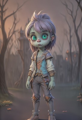 1girl,solo,looking at viewer,short hair,shirt,long sleeves,jewelry,green eyes,standing,jacket,full body,purple hair,earrings,outdoors,parted lips,open clothes,shoes,teeth,belt,pants,artist name,necklace,armor,blurry,vest,open jacket,tree,blurry background,colored skin,denim,sneakers,child,web address,freckles,arms at sides,green skin,bare tree,torn pants,goblin,potion,blue eyes,pink hair,aqua eyes,lips,torn clothes,blue skin