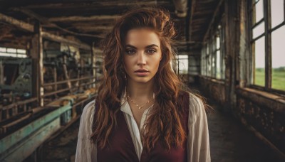 1girl,solo,long hair,looking at viewer,brown hair,shirt,brown eyes,jewelry,white shirt,upper body,parted lips,collared shirt,indoors,necklace,blurry,vest,lips,window,depth of field,wavy hair,messy hair,curly hair,realistic,nose,train,earrings,makeup,sunlight