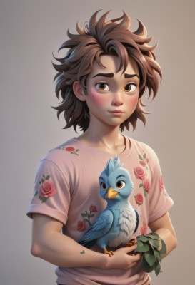 1girl,solo,looking at viewer,blush,short hair,simple background,brown hair,shirt,1boy,holding,brown eyes,jewelry,closed mouth,collarbone,upper body,flower,short sleeves,male focus,artist name,grey background,bracelet,lips,bird,animal,leaf,floral print,thick eyebrows,plant,t-shirt,messy hair,freckles,brown background,pink shirt,print shirt,holding animal