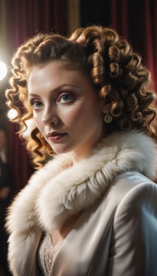 1girl,solo,long hair,breasts,looking at viewer,blue eyes,blonde hair,brown hair,cleavage,jewelry,underwear,upper body,earrings,bra,blurry,lips,fur trim,eyelashes,makeup,wavy hair,drill hair,lipstick,curtains,backlighting,curly hair,realistic,nose,ringlets,green eyes,scarf,watermark,lace,fur coat