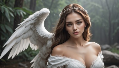 1girl,solo,long hair,breasts,looking at viewer,blue eyes,large breasts,brown hair,dress,cleavage,bare shoulders,jewelry,collarbone,upper body,earrings,outdoors,wings,off shoulder,white dress,blurry,tree,lips,grey eyes,blurry background,tiara,nature,feathered wings,forest,angel wings,realistic,white wings,angel,head wreath,parted lips,day,depth of field