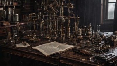 cloud,indoors,book,no humans,window,chair,table,curtains,scenery,desk,paper,open book,bookshelf,lamp,candle,book stack,gears,still life,candlestand,steampunk,day,cup,sunlight