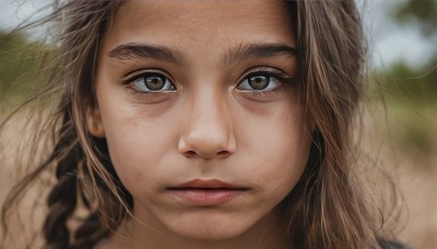 1girl,solo,long hair,looking at viewer,brown hair,brown eyes,closed mouth,blurry,lips,eyelashes,depth of field,blurry background,portrait,close-up,freckles,realistic,nose