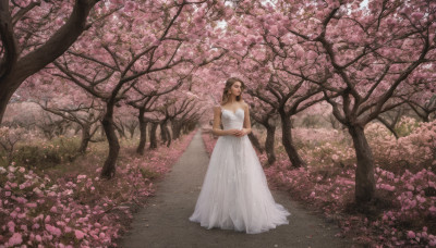 1girl, solo, long hair, brown hair, dress, bare shoulders, flower, outdoors, white dress, tree, cherry blossoms, realistic