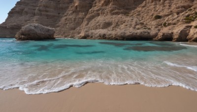 outdoors,sky,day,water,blue sky,no humans,ocean,beach,scenery,rock,sand,waves,shore,horizon