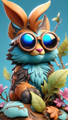 solo,blue eyes,animal ears,sitting,closed mouth,full body,flower,outdoors,sky,day,artist name,rabbit ears,blurry,tree,blue sky,pokemon (creature),no humans,blurry background,bird,leaf,blue background,sleeping,feathers,goggles,furry,pink flower,freckles,branch,animal focus,brown fur,facing viewer