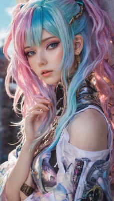 1girl,solo,long hair,looking at viewer,bangs,blue eyes,hair ornament,bare shoulders,twintails,jewelry,blue hair,upper body,pink hair,multicolored hair,earrings,outdoors,parted lips,day,hand up,nail polish,blurry,from side,two-tone hair,two side up,lips,fingernails,eyelashes,aqua hair,makeup,blurry background,eyeshadow,realistic,nose,shoulder cutout,mascara,breasts,sidelocks,sky,artist name,necklace,clothing cutout,tattoo,pink lips,split-color hair