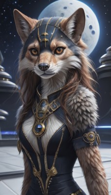 1girl,solo,long hair,breasts,looking at viewer,brown hair,animal ears,brown eyes,jewelry,medium breasts,closed mouth,upper body,outdoors,sky,artist name,signature,orange eyes,night,animal,moon,brooch,gem,star (sky),night sky,furry,full moon,starry sky,furry female,body fur,fur,fluffy,dress,necklace