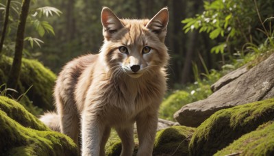 looking at viewer,brown eyes,outdoors,day,blurry,tree,no humans,depth of field,blurry background,animal,leaf,sunlight,cat,grass,plant,nature,scenery,forest,rock,realistic,animal focus,moss,solo,signature