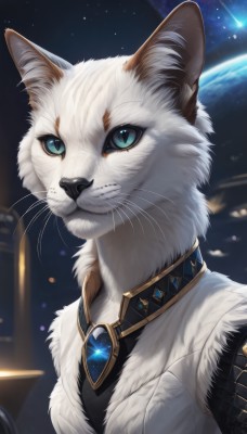 solo,looking at viewer,blue eyes,shirt,jewelry,closed mouth,upper body,sky,artist name,signature,necklace,collar,black shirt,no humans,animal,cat,white jacket,slit pupils,brooch,gem,star (sky),furry,starry sky,colored sclera,space,animal focus,white fur,planet,whiskers,earth (planet),fluffy,blue sclera,1girl,animal ears,cat ears,aqua eyes,animal ear fluff,fur trim,white cat