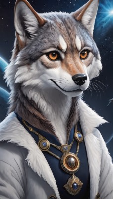 solo,shirt,1boy,brown eyes,jewelry,jacket,upper body,male focus,open clothes,sky,signature,necklace,orange eyes,fur trim,no humans,night,animal,scar,star (sky),night sky,furry,pendant,starry sky,dog,space,furry male,animal focus,whiskers,looking at viewer,animal ears,closed mouth,artist name,coat,watermark,moon,brooch,gem,web address,realistic,white fur,planet,snout,earth (planet),galaxy