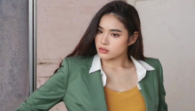 1girl,solo,long hair,looking at viewer,brown hair,shirt,black hair,brown eyes,jewelry,jacket,white shirt,upper body,earrings,parted lips,open clothes,collared shirt,open jacket,lips,looking to the side,yellow shirt,green jacket,realistic,door,hair behind ear,teeth,blazer,nose