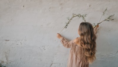 1girl,solo,long hair,brown hair,long sleeves,dress,holding,bare shoulders,upper body,flower,off shoulder,from behind,see-through,leaf,from above,back,wavy hair,branch,facing away,black hair,plant,curly hair,vines,stick