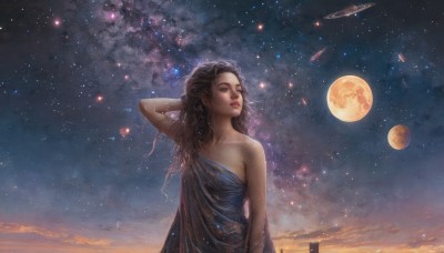 1girl,solo,long hair,blue eyes,brown hair,black hair,dress,bare shoulders,jewelry,upper body,earrings,outdoors,sky,cloud,arm up,lips,strapless,night,blue dress,looking away,moon,looking up,star (sky),night sky,strapless dress,full moon,starry sky,realistic,nose,space,looking afar,planet,brown eyes,hand in own hair,spacecraft,shooting star