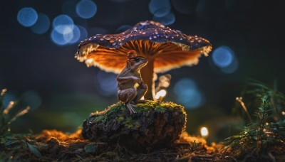 solo,sitting,outdoors,teeth,blurry,no humans,night,depth of field,blurry background,animal,grass,plant,sharp teeth,scenery,monster,rock,mushroom,bokeh,dinosaur,1boy,male focus,barefoot,from side,leaf,squatting,nature,topless male,fantasy,lizard