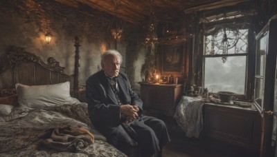 solo,short hair,shirt,long sleeves,1boy,sitting,closed mouth,white hair,male focus,necktie,sky,pants,cloud,indoors,coat,pillow,window,bed,facial hair,on bed,scar,formal,own hands together,suit,black necktie,beard,scar on face,smoke,black coat,mature male,lamp,candle,old,old man,candlestand,chandelier,jewelry,necklace,chair,table,fire,scenery