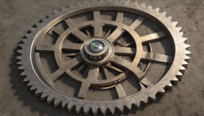 solo,no humans,shadow,from above,brown background,gears,brown theme,still life,roman numeral,steampunk,artist name,signature,close-up,clock,eye focus