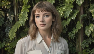 1girl,solo,long hair,looking at viewer,bangs,blue eyes,brown hair,shirt,brown eyes,white shirt,upper body,parted lips,collared shirt,medium hair,uniform,lips,grey eyes,dress shirt,buttons,leaf,plant,nature,pocket,realistic,nose,breast pocket,outdoors,forest