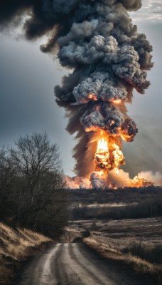 outdoors,sky,day,cloud,tree,no humans,glowing,fire,nature,scenery,smoke,monster,road,cloudy sky,bare tree