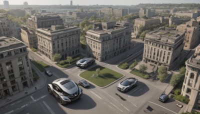 outdoors,multiple boys,day,tree,no humans,shadow,ground vehicle,building,scenery,motor vehicle,city,car,road,cityscape,bridge,vehicle focus,street,skyscraper,truck,crosswalk,bus