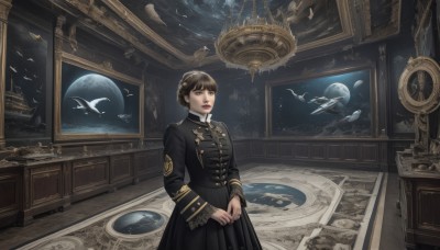 1girl,solo,short hair,bangs,brown hair,black hair,long sleeves,dress,brown eyes,jewelry,closed mouth,standing,braid,cowboy shot,earrings,indoors,black eyes,black dress,lips,coat,buttons,bird,looking away,own hands together,scenery,black coat,clock,double-breasted,space,planet,painting (object),spacecraft,globe,looking at viewer,skirt,parted lips,hair bun,uniform,military,military uniform,makeup,moon,lipstick,realistic,red lips,earth (planet)