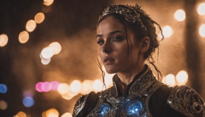 1girl,solo,looking at viewer,brown hair,black hair,brown eyes,jewelry,upper body,parted lips,dark skin,armor,blurry,black eyes,dark-skinned female,lips,depth of field,blurry background,gem,portrait,realistic,nose,bokeh,very dark skin,hair bun,tiara,backlighting