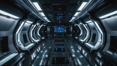 indoors,no humans,robot,scenery,science fiction,realistic,spacecraft,cockpit,screen,solo,from above,floating,machinery,space