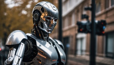 solo,red eyes,1boy,upper body,male focus,armor,blurry,no humans,depth of field,blurry background,helmet,robot,building,mecha,1other,science fiction,city,realistic,android,cyborg,cyberpunk,humanoid robot,1girl,looking at viewer,outdoors,glowing,joints,cable,robot joints