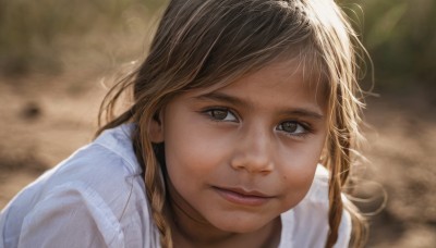 1girl,solo,long hair,looking at viewer,smile,bangs,brown hair,shirt,brown eyes,closed mouth,green eyes,white shirt,upper body,braid,outdoors,mole,blurry,twin braids,lips,grey eyes,depth of field,blurry background,portrait,close-up,freckles,realistic,nose,blonde hair,sunlight