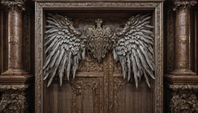 wings,indoors,no humans,scenery,feathered wings,angel wings,wooden floor,fantasy,throne,statue,painting (object),still life,picture frame