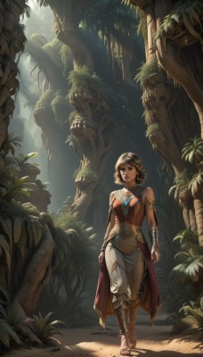 1girl,solo,breasts,looking at viewer,short hair,brown hair,bare shoulders,brown eyes,jewelry,medium breasts,standing,earrings,outdoors,pants,dark skin,necklace,bracelet,dark-skinned female,tree,heterochromia,sandals,sunlight,plant,nature,armlet,forest,walking,blue eyes,dress,full body,lips,toes,bracer