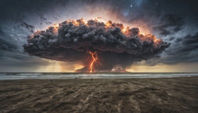 solo,outdoors,sky,cloud,no humans,night,glowing,cloudy sky,star (sky),night sky,scenery,smoke,starry sky,sunset,fantasy,ocean,beach,sand,horizon,lightning