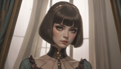 1girl,solo,looking at viewer,short hair,bangs,brown hair,black hair,dress,brown eyes,closed mouth,green eyes,collarbone,upper body,hairband,artist name,indoors,blunt bangs,mole,lips,eyelashes,mole under eye,window,makeup,bob cut,lipstick,curtains,portrait,freckles,nose,mascara,blush,backlighting,eyeliner