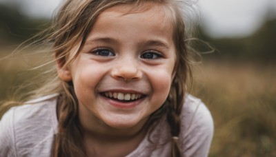 1girl,solo,long hair,looking at viewer,smile,open mouth,brown hair,shirt,white shirt,braid,outdoors,teeth,grin,blurry,black eyes,twin braids,blurry background,portrait,forehead,realistic,real life insert,blue eyes,blonde hair,:d,depth of field,parody,meme,nose