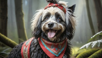 HQ,solo,looking at viewer,open mouth,brown eyes,jewelry,outdoors,day,tongue,tongue out,blurry,tree,no humans,depth of field,blurry background,animal,fangs,sunlight,nature,forest,dog,animal focus,portrait,realistic