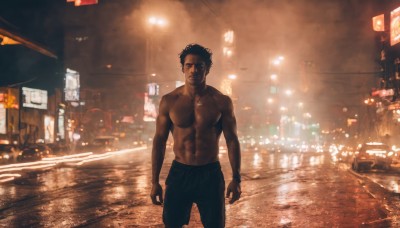 solo,looking at viewer,short hair,black hair,1boy,navel,jewelry,standing,male focus,outdoors,pants,dark skin,necklace,muscular,night,black pants,abs,dark-skinned male,pectorals,muscular male,ground vehicle,building,motor vehicle,reflection,topless male,city,realistic,arms at sides,car,street,closed mouth,blurry,facial hair,light,road,lamppost,lights,afro,neon lights