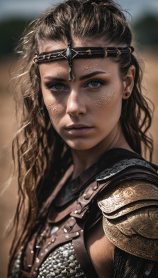 1girl,solo,long hair,looking at viewer,brown hair,brown eyes,jewelry,closed mouth,upper body,earrings,outdoors,armor,mole,blurry,lips,depth of field,blurry background,wavy hair,shoulder armor,portrait,freckles,curly hair,pauldrons,circlet,breastplate,realistic,nose,stud earrings,chainmail,breasts,black hair,yellow eyes,hair pulled back