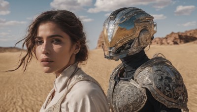 1girl,looking at viewer,short hair,brown hair,shirt,black hair,1boy,brown eyes,white shirt,upper body,outdoors,sky,day,cloud,hair bun,armor,blurry,blue sky,lips,blurry background,helmet,shoulder armor,science fiction,pauldrons,breastplate,realistic,desert,multiple girls,2girls,jewelry,earrings,collared shirt,dark skin,dark-skinned female,robot,wind,portrait