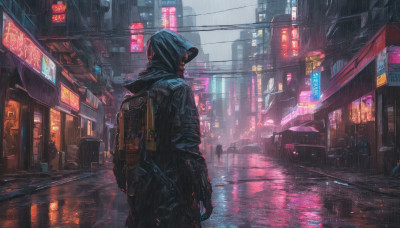 solo, standing, outdoors, hood, bag, from behind, dutch angle, night, backpack, building, scenery, hood up, science fiction, rain, city, sign, road, street, cyberpunk, neon lights