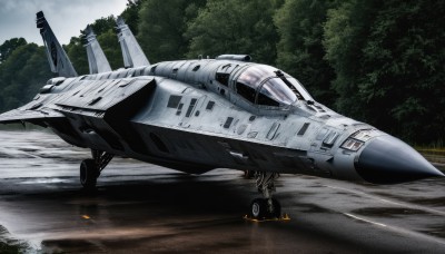 outdoors,sky,cloud,signature,tree,military,no humans,nature,forest,flying,science fiction,realistic,aircraft,military vehicle,airplane,vehicle focus,spacecraft,jet,missile,fighter jet,pilot,variable fighter