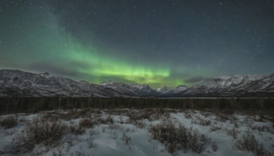 outdoors,sky,cloud,tree,no humans,night,star (sky),nature,night sky,scenery,snow,forest,starry sky,mountain,winter,landscape,mountainous horizon,aurora,water,grass,milky way