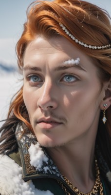 1girl,solo,long hair,blue eyes,brown hair,hair ornament,1boy,jewelry,jacket,male focus,earrings,parted lips,necklace,orange hair,blurry,lips,fur trim,facial hair,chain,portrait,beard,snow,freckles,realistic,nose,mustache,mole,blurry background,gem,close-up,pearl necklace